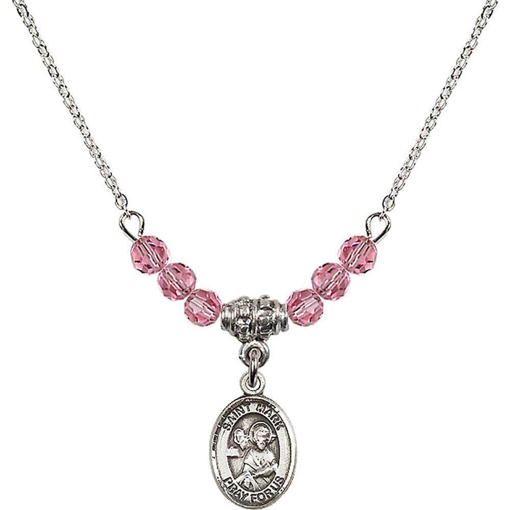 Sterling Silver Saint Mark the Evangelist Birthstone Necklace with Rose Beads - 9070