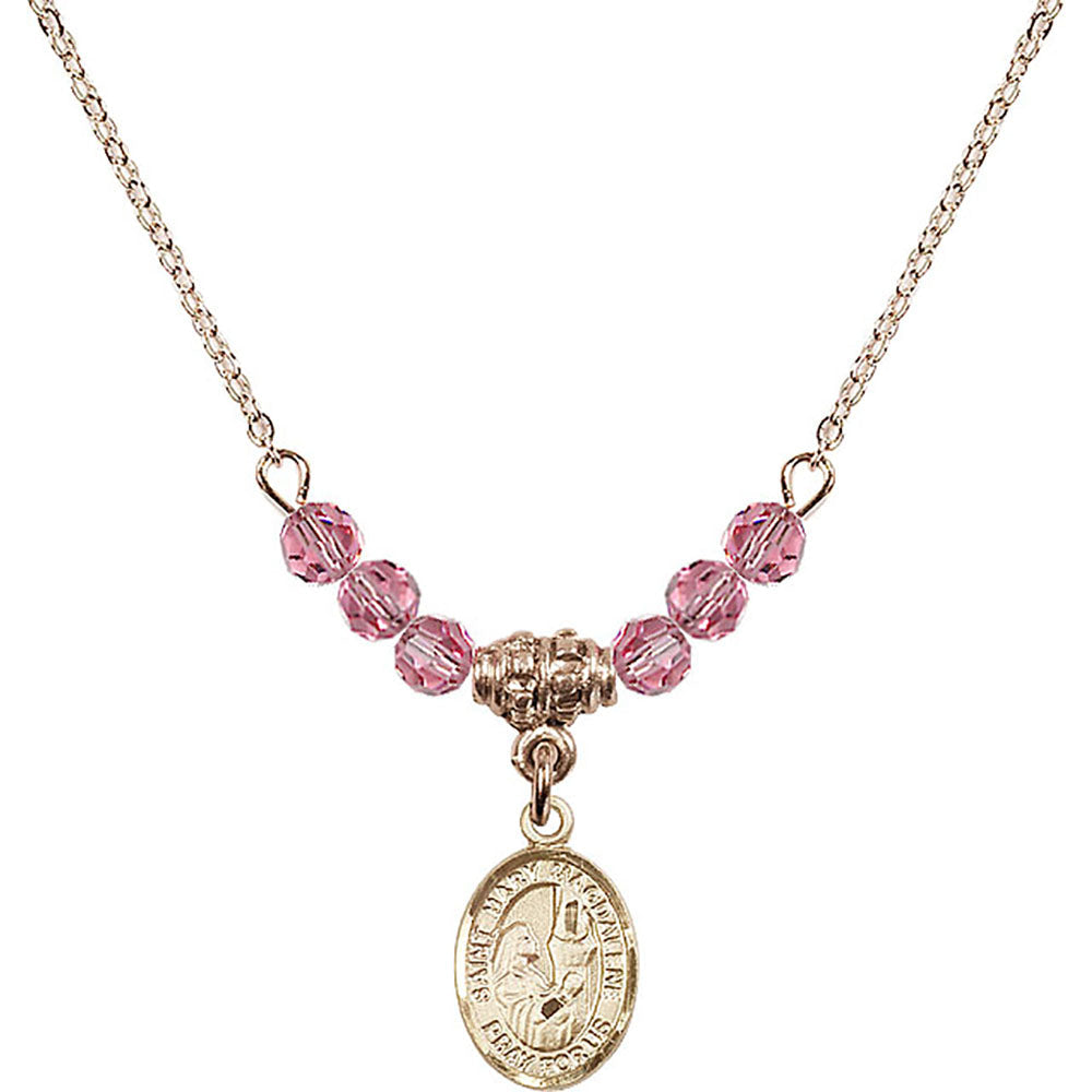 14kt Gold Filled Saint Mary Magdalene Birthstone Necklace with Rose Beads - 9071
