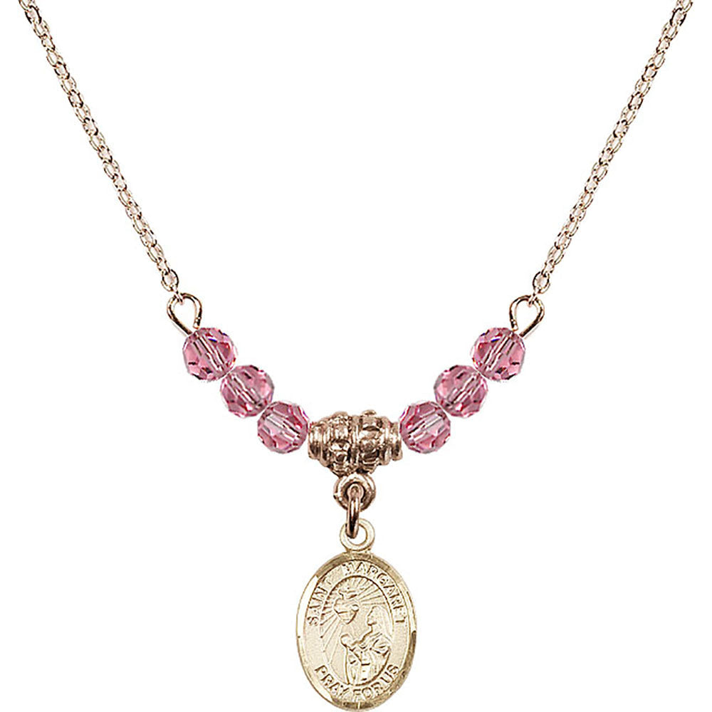 14kt Gold Filled Saint Margaret Mary Alacoque Birthstone Necklace with Rose Beads - 9072