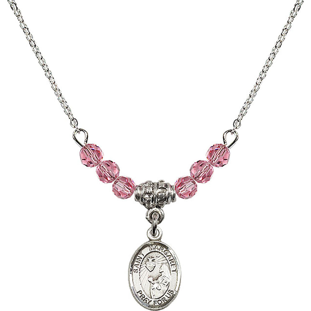 Sterling Silver Saint Margaret Mary Alacoque Birthstone Necklace with Rose Beads - 9072