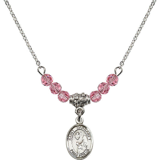 Sterling Silver Saint Margaret Mary Alacoque Birthstone Necklace with Rose Beads - 9072