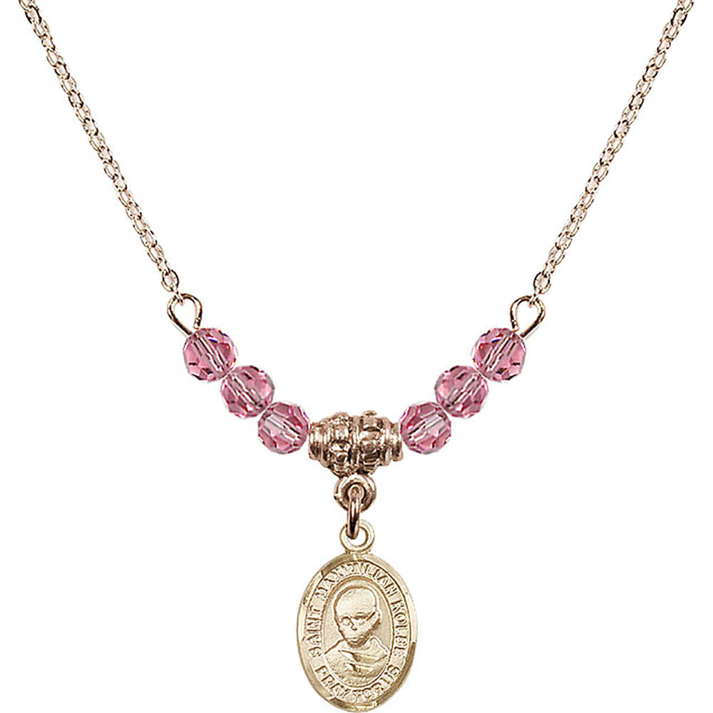 14kt Gold Filled Saint Maximilian Kolbe Birthstone Necklace with Rose Beads - 9073