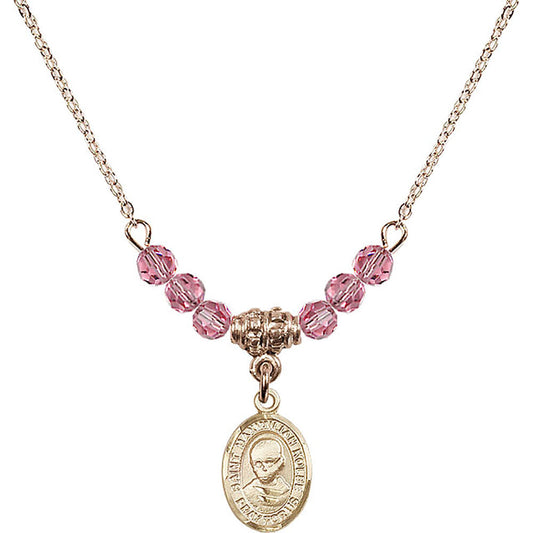 14kt Gold Filled Saint Maximilian Kolbe Birthstone Necklace with Rose Beads - 9073