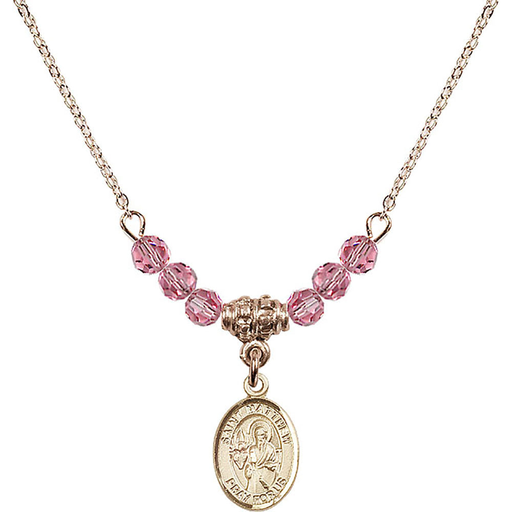 14kt Gold Filled Saint Matthew the Apostle Birthstone Necklace with Rose Beads - 9074