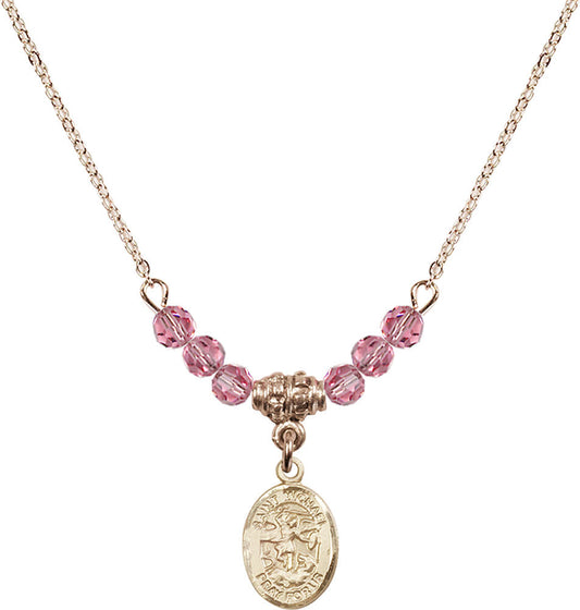 14kt Gold Filled Saint Michael the Archangel Birthstone Necklace with Rose Beads - 9076