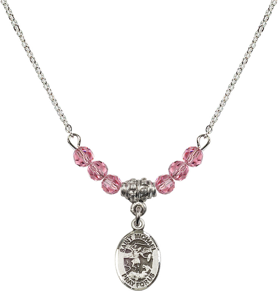 Sterling Silver Saint Michael the Archangel Birthstone Necklace with Rose Beads - 9076