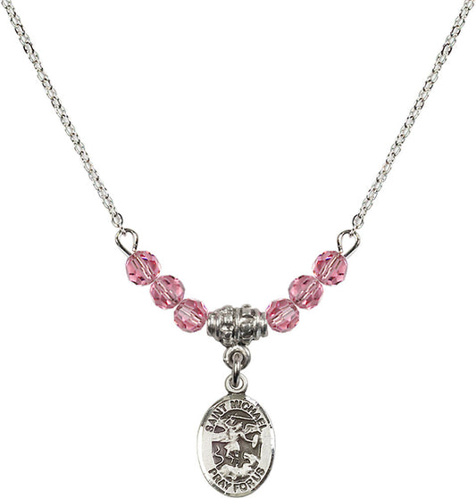Sterling Silver Saint Michael the Archangel Birthstone Necklace with Rose Beads - 9076