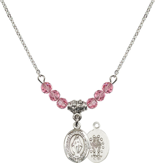 Sterling Silver Miraculous Birthstone Necklace with Rose Beads - 9078