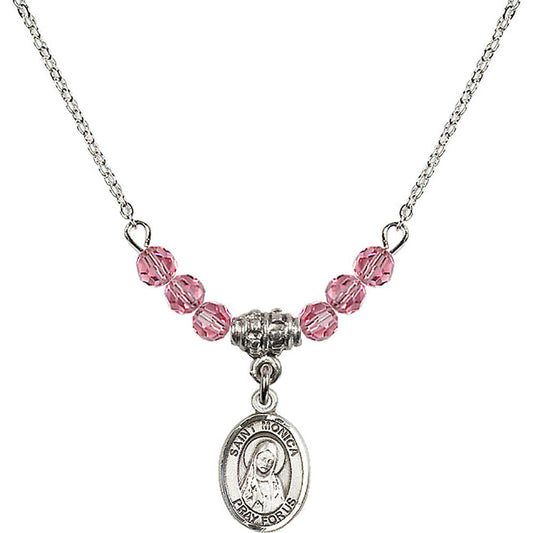 Sterling Silver Saint Monica Birthstone Necklace with Rose Beads - 9079
