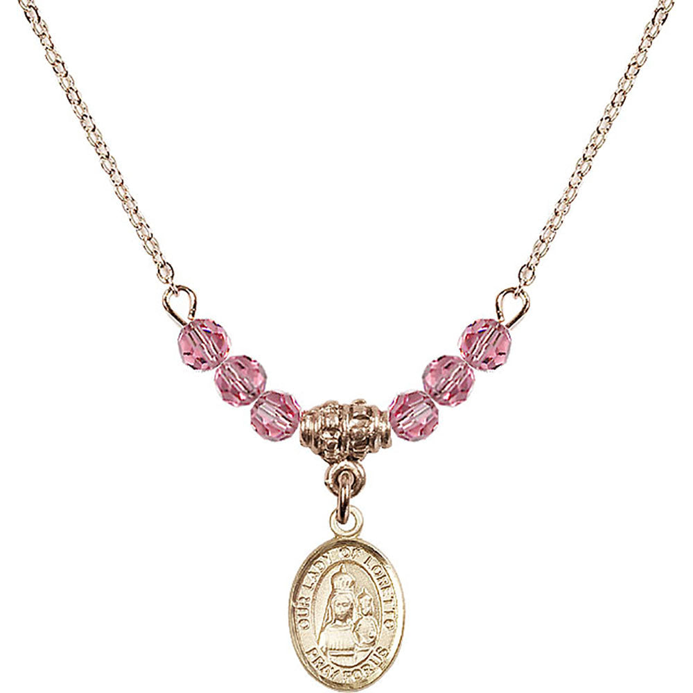 14kt Gold Filled Our Lady of Loretto Birthstone Necklace with Rose Beads - 9082