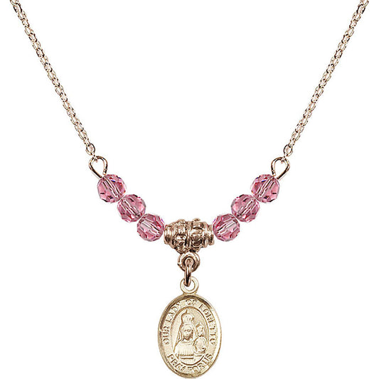 14kt Gold Filled Our Lady of Loretto Birthstone Necklace with Rose Beads - 9082