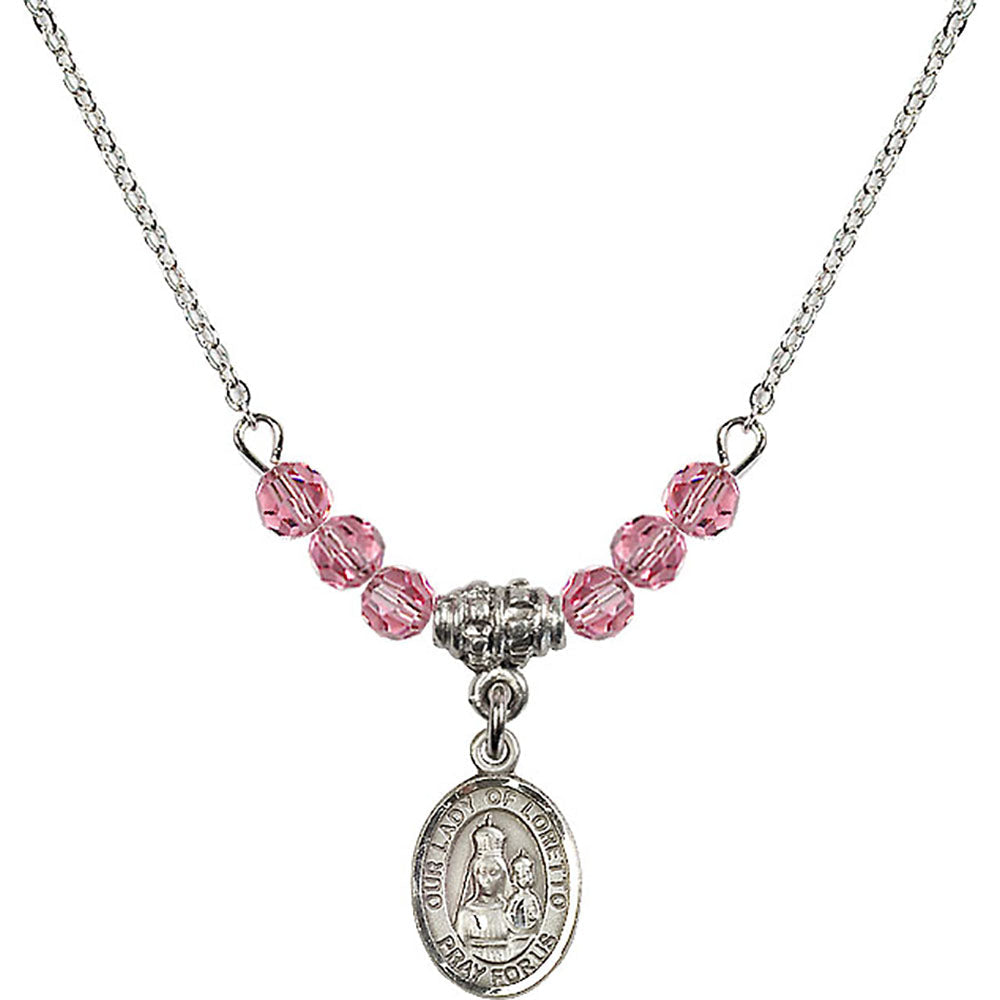Sterling Silver Our Lady of Loretto Birthstone Necklace with Rose Beads - 9082
