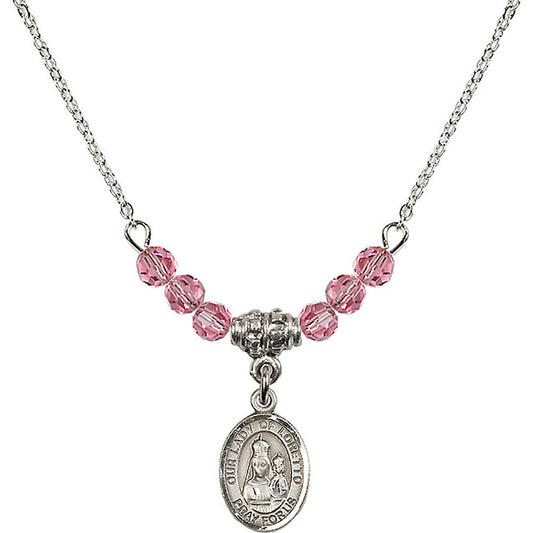 Sterling Silver Our Lady of Loretto Birthstone Necklace with Rose Beads - 9082