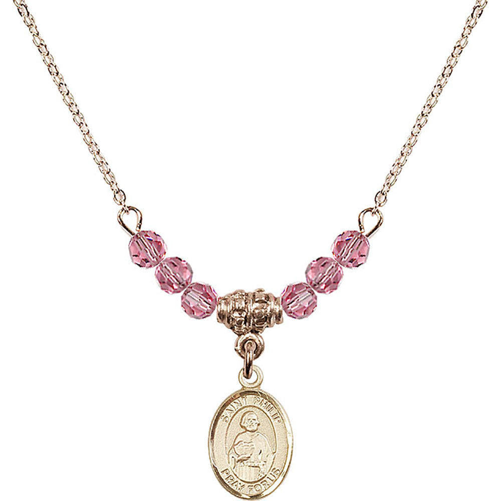 14kt Gold Filled Saint Philip the Apostle Birthstone Necklace with Rose Beads - 9083
