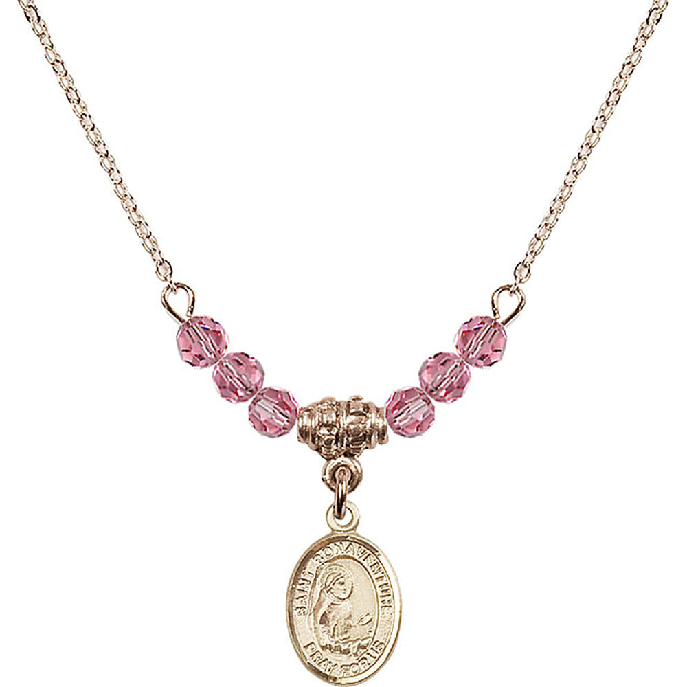 14kt Gold Filled Saint Bonaventure Birthstone Necklace with Rose Beads - 9085