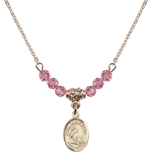14kt Gold Filled Saint Bonaventure Birthstone Necklace with Rose Beads - 9085