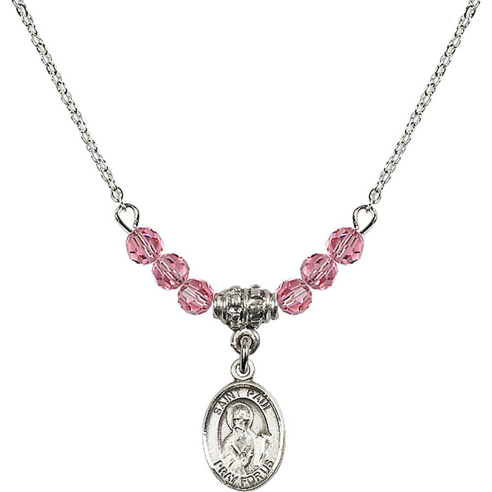 Sterling Silver Saint Paul the Apostle Birthstone Necklace with Rose Beads - 9086