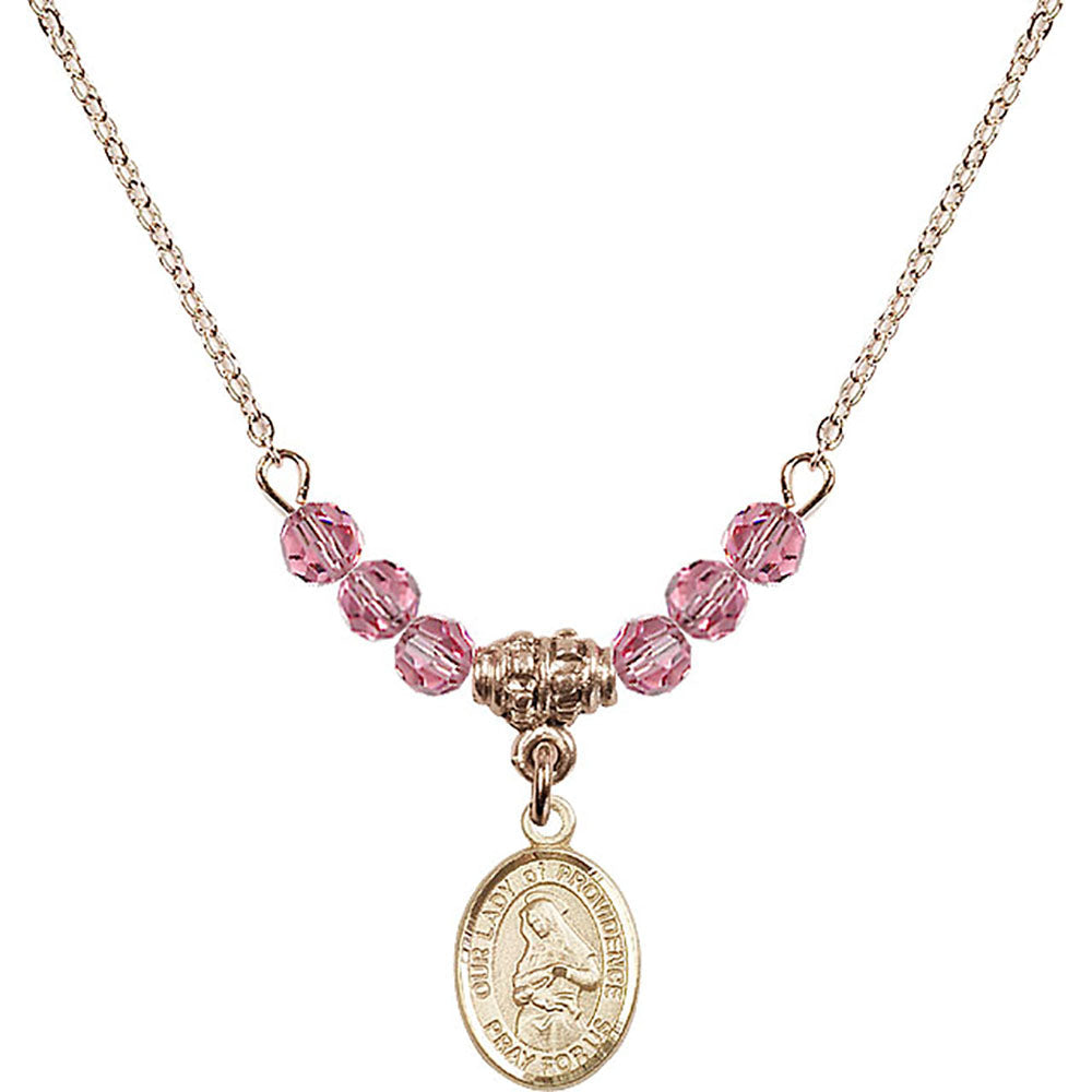 14kt Gold Filled Our Lady of Providence Birthstone Necklace with Rose Beads - 9087