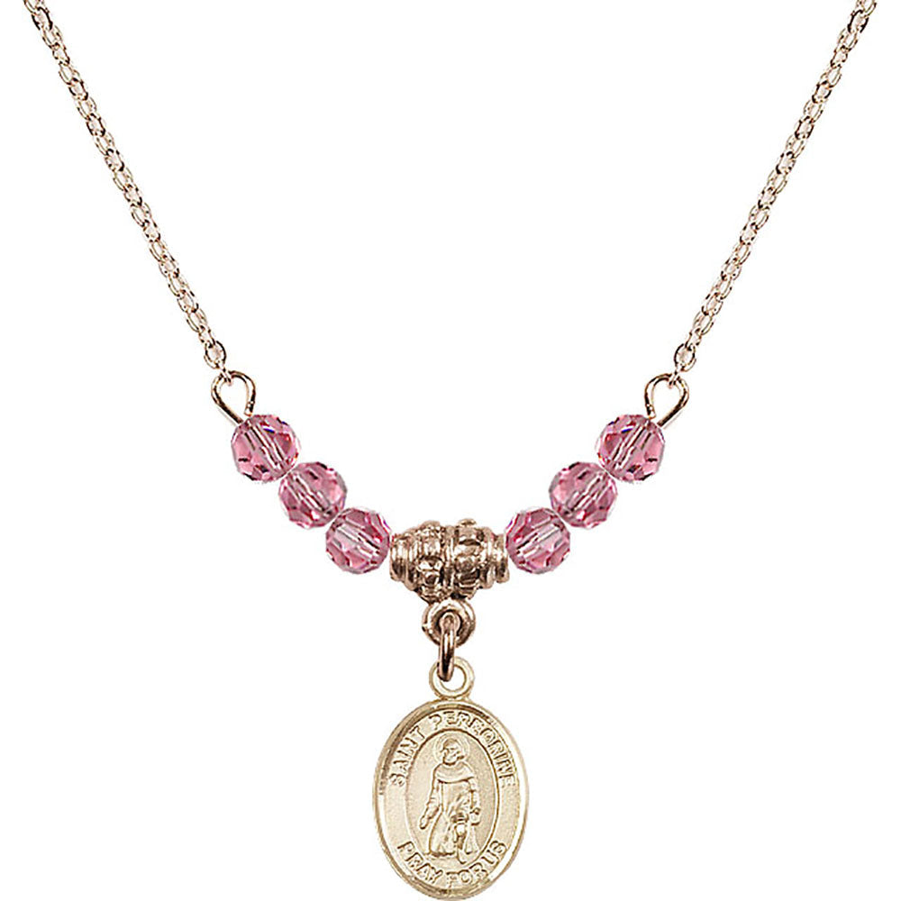 14kt Gold Filled Saint Peregrine Laziosi Birthstone Necklace with Rose Beads - 9088