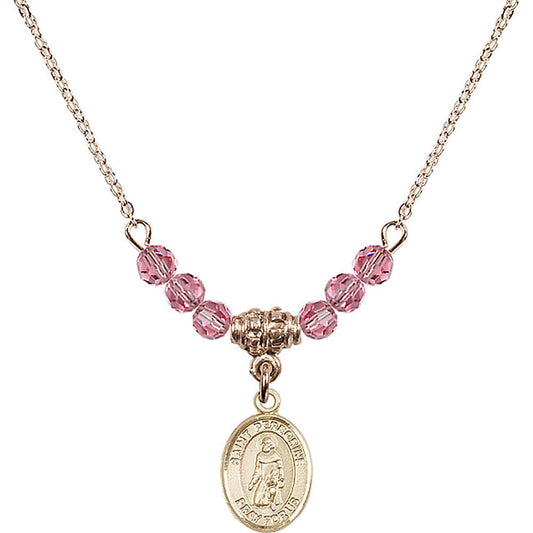 14kt Gold Filled Saint Peregrine Laziosi Birthstone Necklace with Rose Beads - 9088