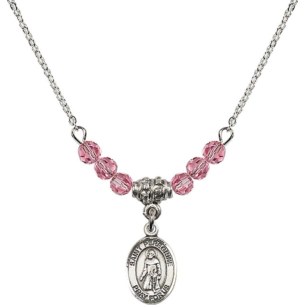Sterling Silver Saint Peregrine Laziosi Birthstone Necklace with Rose Beads - 9088