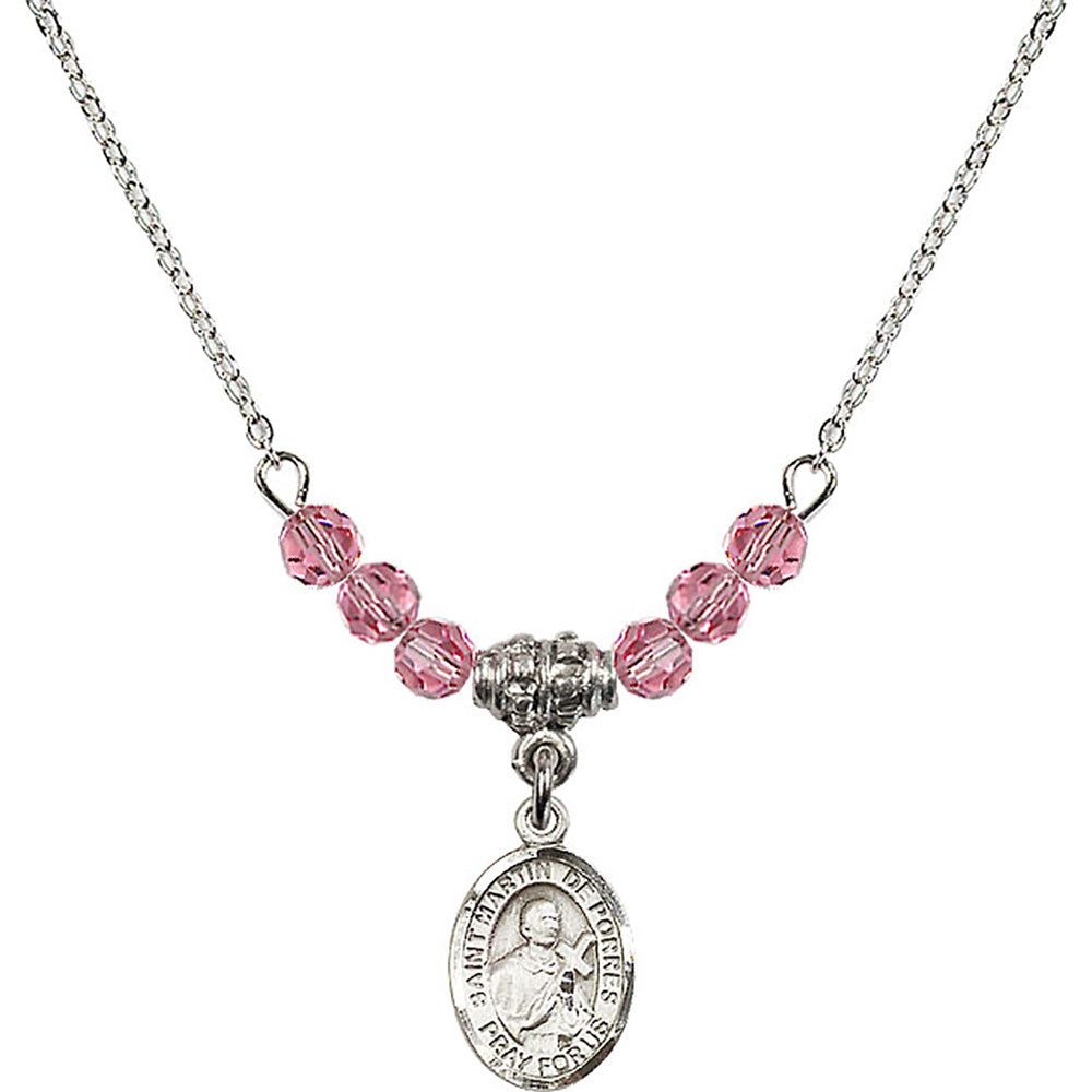Sterling Silver Saint Martin de Porres Birthstone Necklace with Rose Beads - 9089