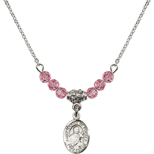 Sterling Silver Saint Martin de Porres Birthstone Necklace with Rose Beads - 9089