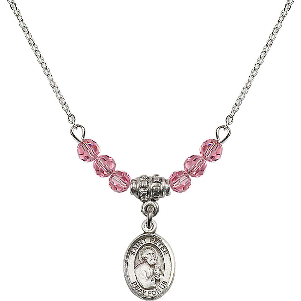 Sterling Silver Saint Peter the Apostle Birthstone Necklace with Rose Beads - 9090