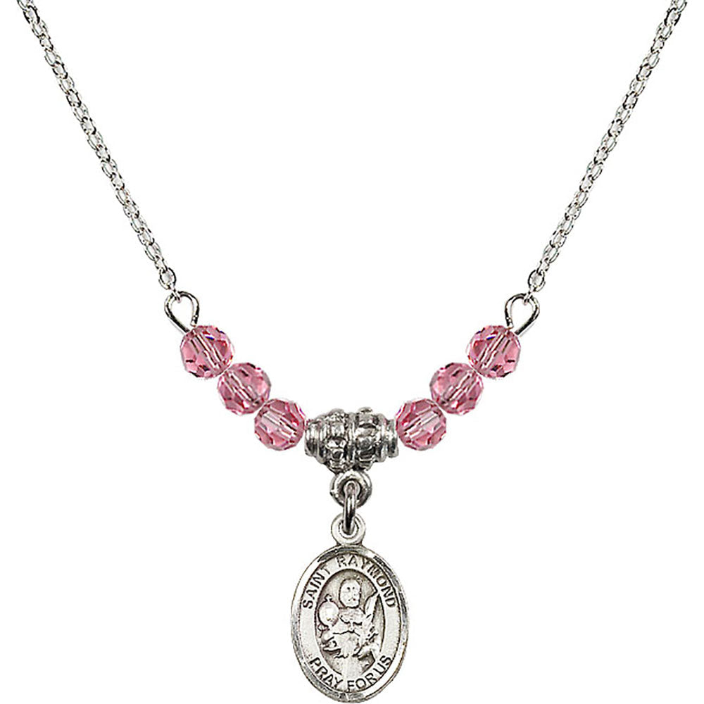 Sterling Silver Saint Raymond Nonnatus Birthstone Necklace with Rose Beads - 9091