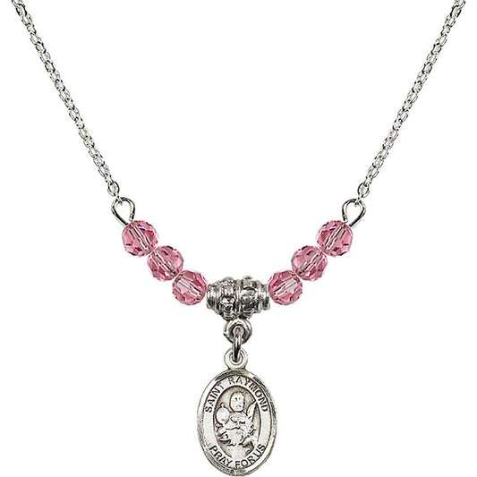 Sterling Silver Saint Raymond Nonnatus Birthstone Necklace with Rose Beads - 9091