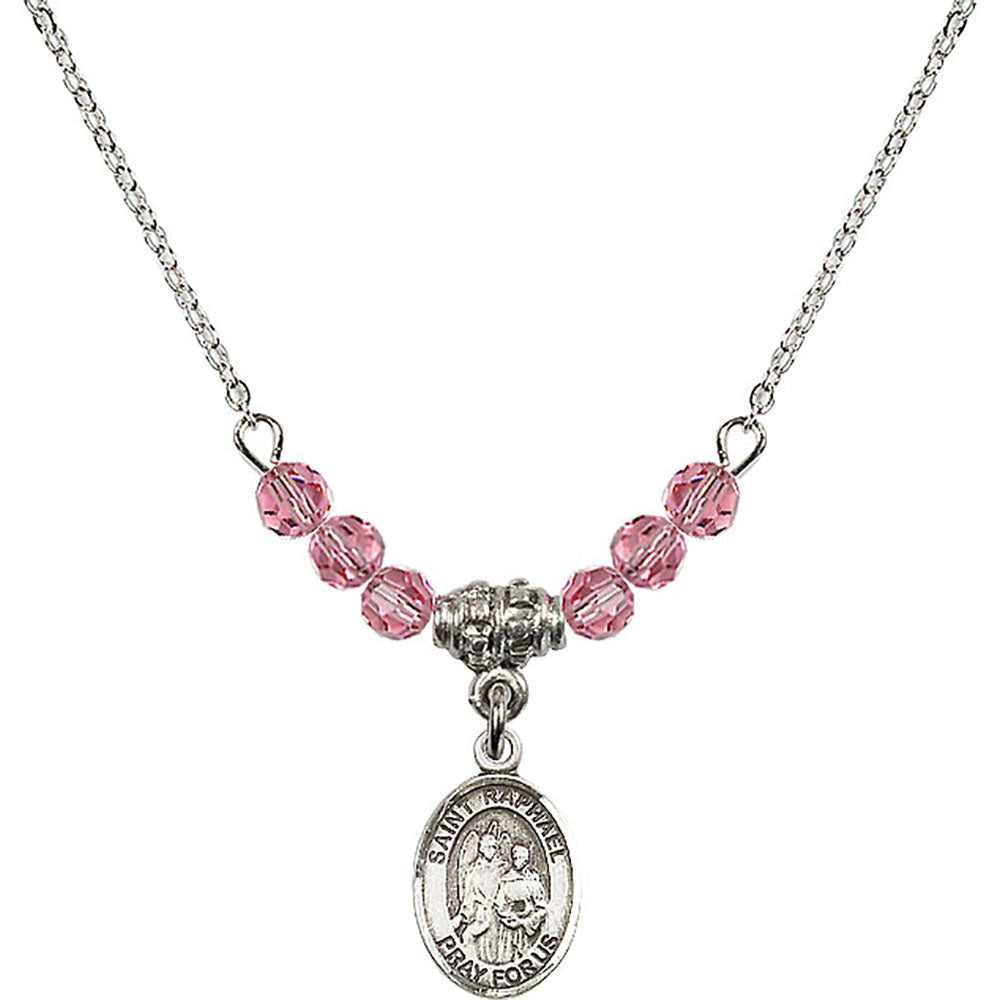 Sterling Silver Saint Raphael the Archangel Birthstone Necklace with Rose Beads - 9092