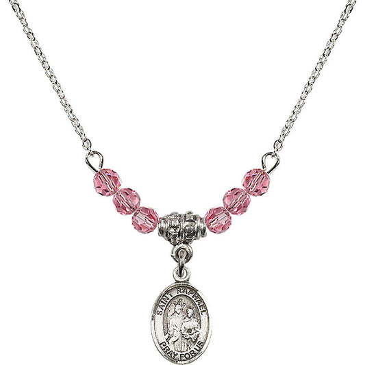 Sterling Silver Saint Raphael the Archangel Birthstone Necklace with Rose Beads - 9092