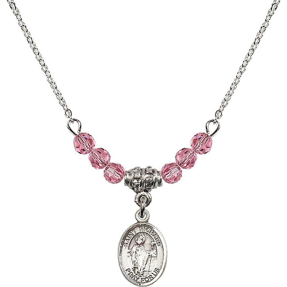 Sterling Silver Saint Richard Birthstone Necklace with Rose Beads - 9093