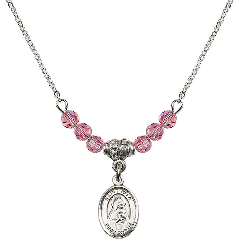 Sterling Silver Saint Rita of Cascia Birthstone Necklace with Rose Beads - 9094