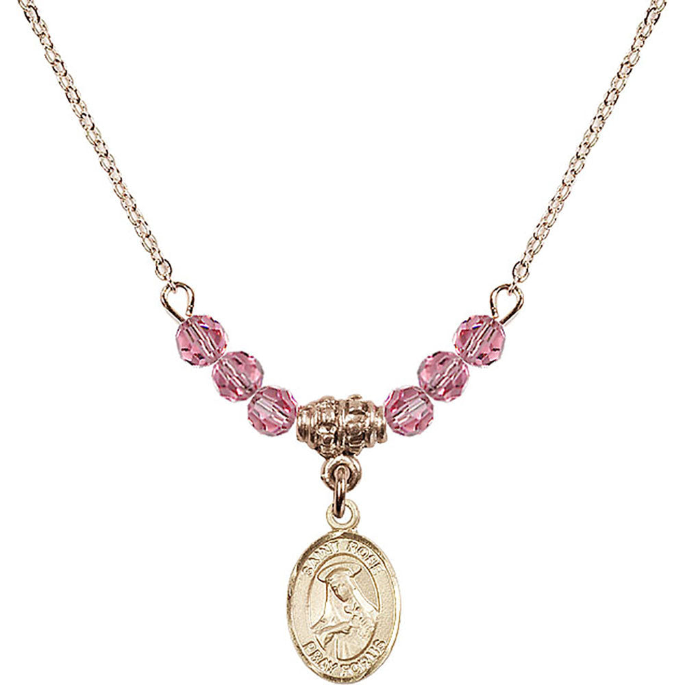 14kt Gold Filled Saint Rose of Lima Birthstone Necklace with Rose Beads - 9095