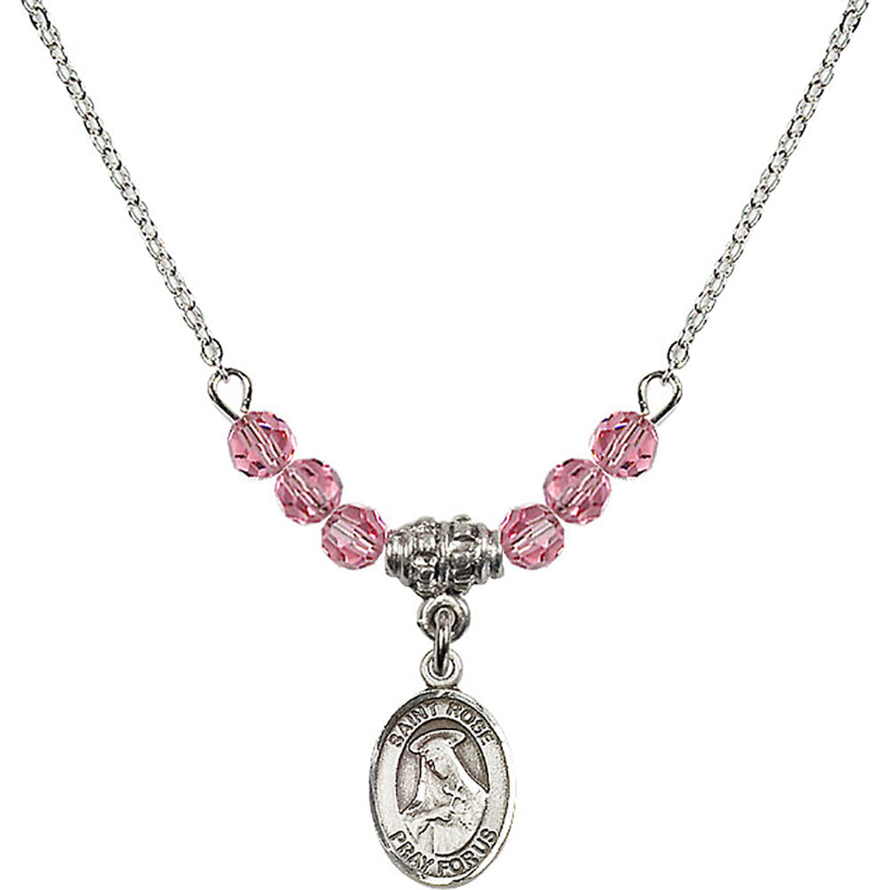 Sterling Silver Saint Rose of Lima Birthstone Necklace with Rose Beads - 9095