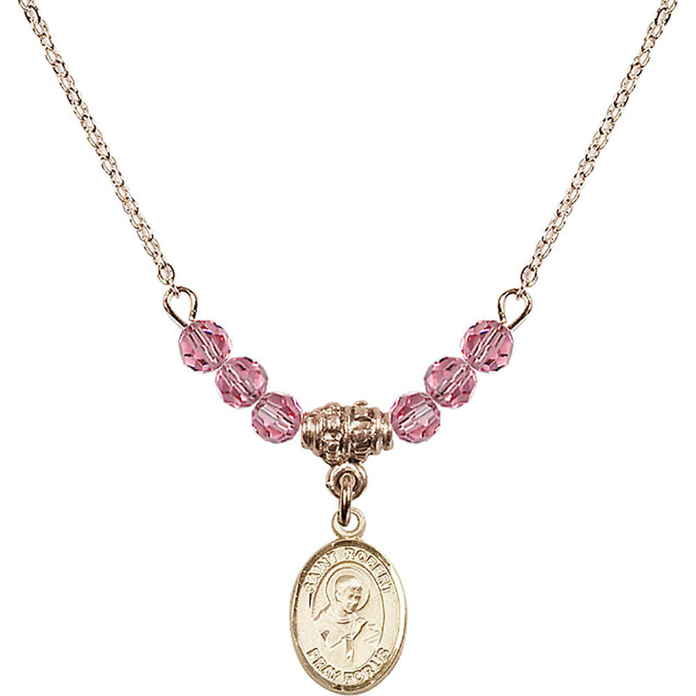 14kt Gold Filled Saint Robert Bellarmine Birthstone Necklace with Rose Beads - 9096