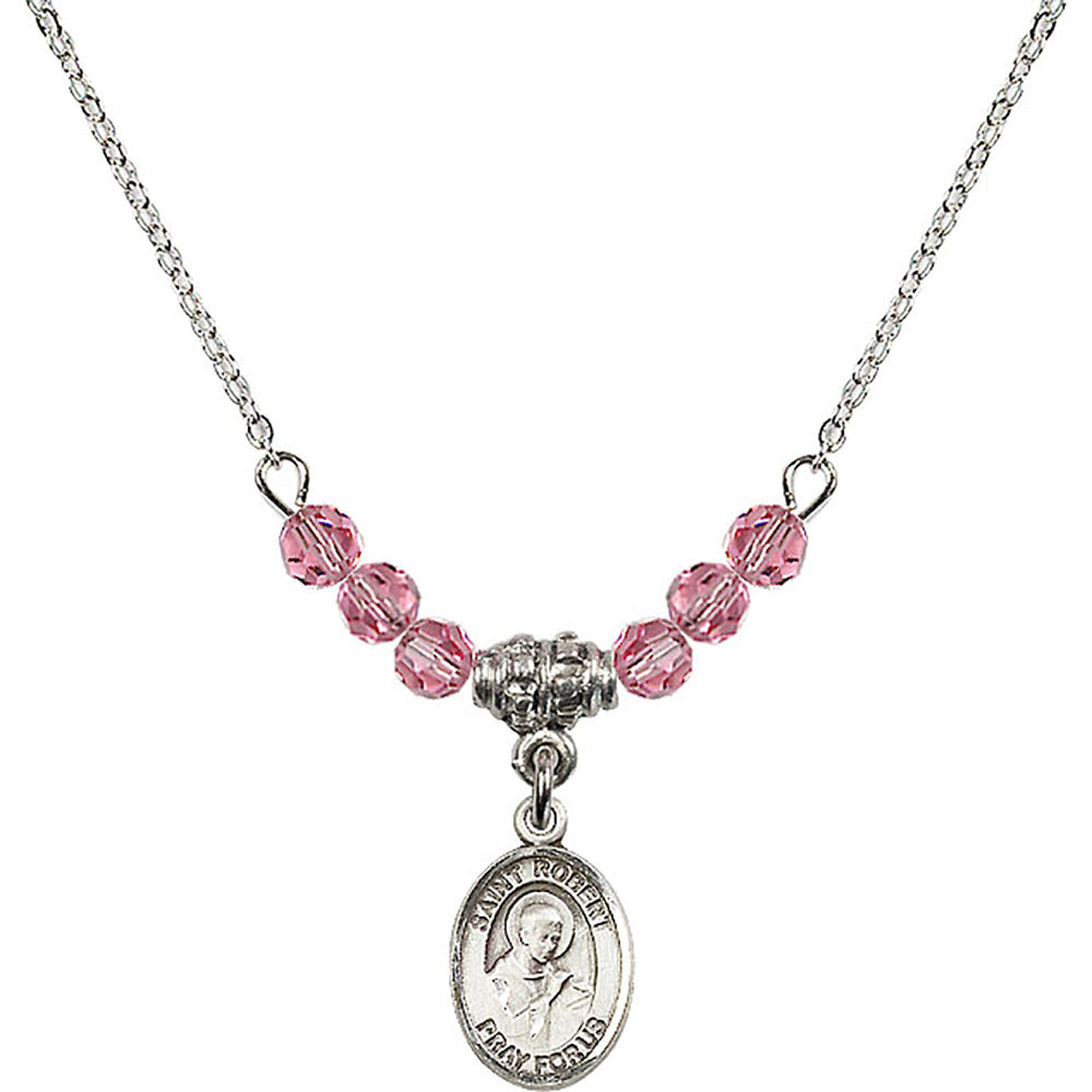 Sterling Silver Saint Robert Bellarmine Birthstone Necklace with Rose Beads - 9096