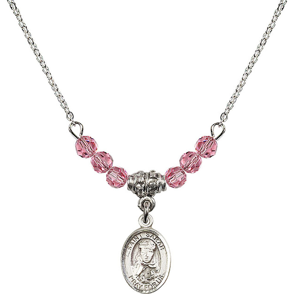 Sterling Silver Saint Sarah Birthstone Necklace with Rose Beads - 9097