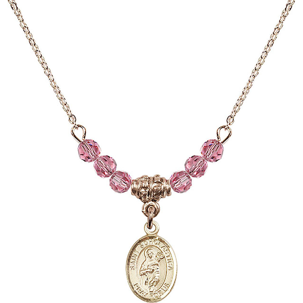 14kt Gold Filled Saint Scholastica Birthstone Necklace with Rose Beads - 9099