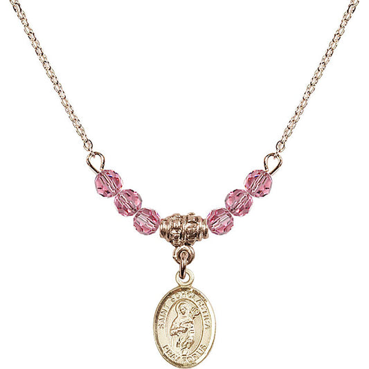 14kt Gold Filled Saint Scholastica Birthstone Necklace with Rose Beads - 9099