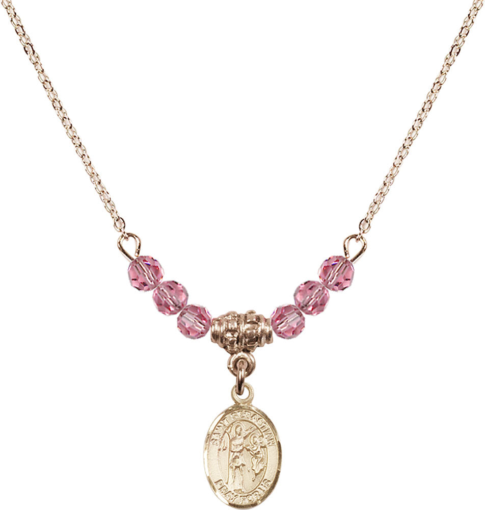 14kt Gold Filled Saint Sebastian Birthstone Necklace with Rose Beads - 9100