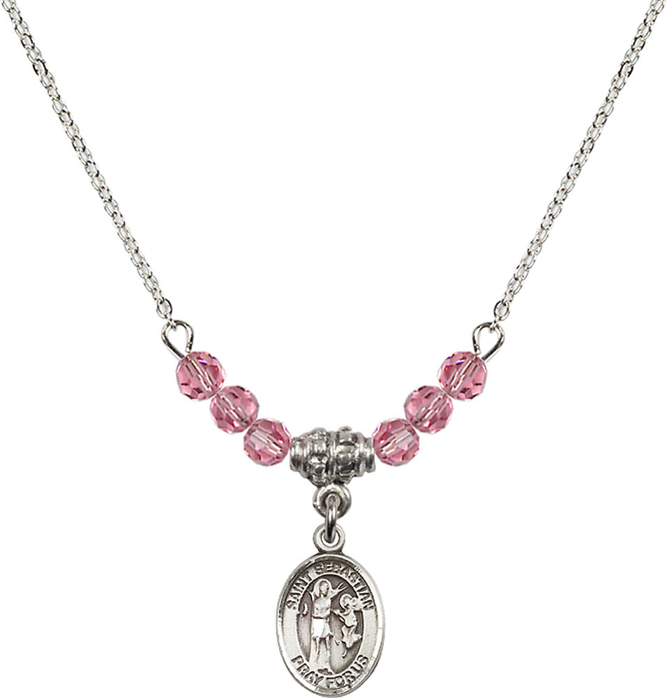 Sterling Silver Saint Sebastian Birthstone Necklace with Rose Beads - 9100