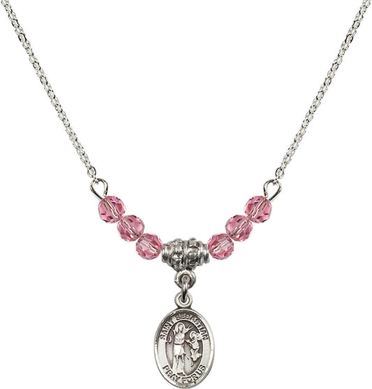Sterling Silver Saint Sebastian Birthstone Necklace with Rose Beads - 9100