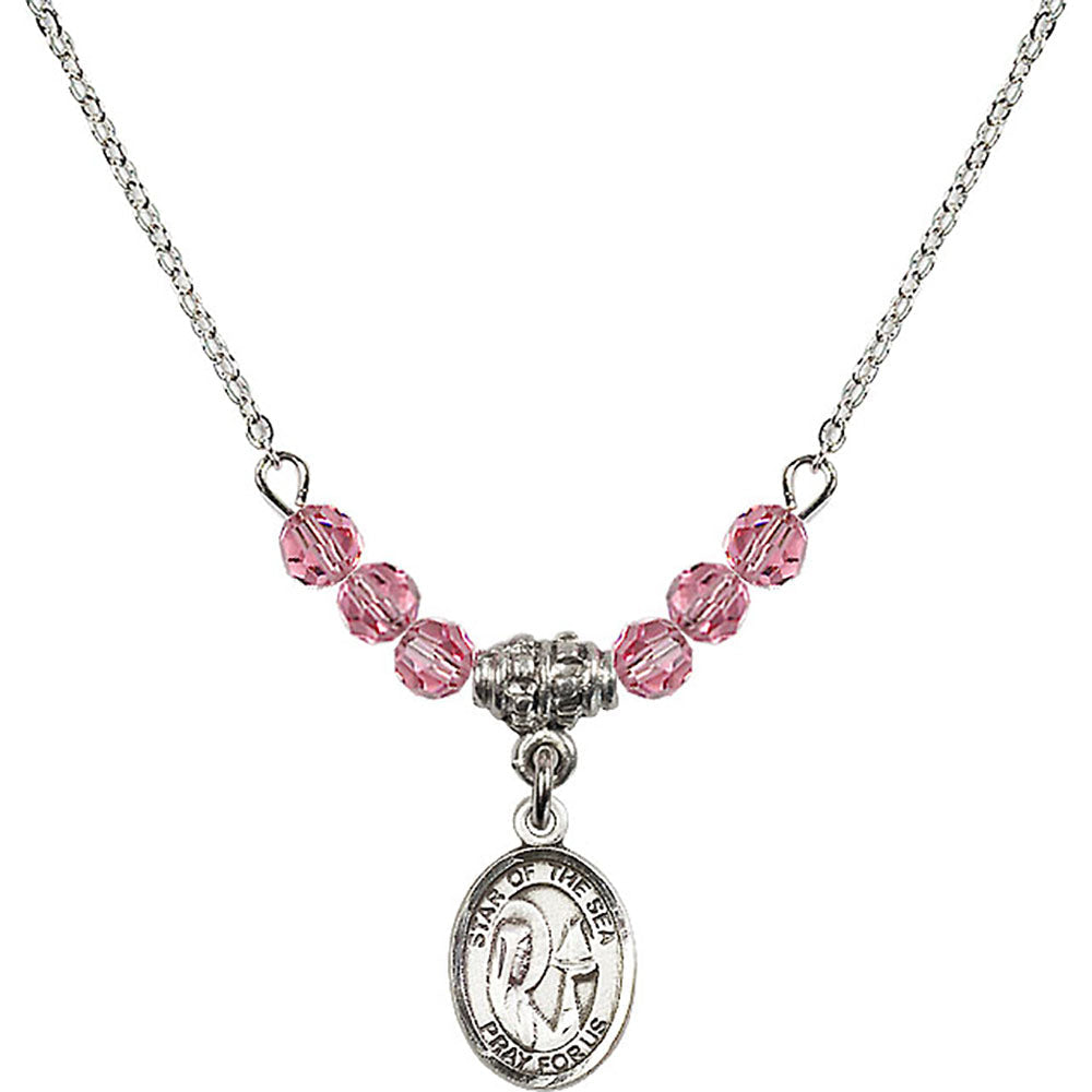 Sterling Silver Our Lady Star of the Sea Birthstone Necklace with Rose Beads - 9101
