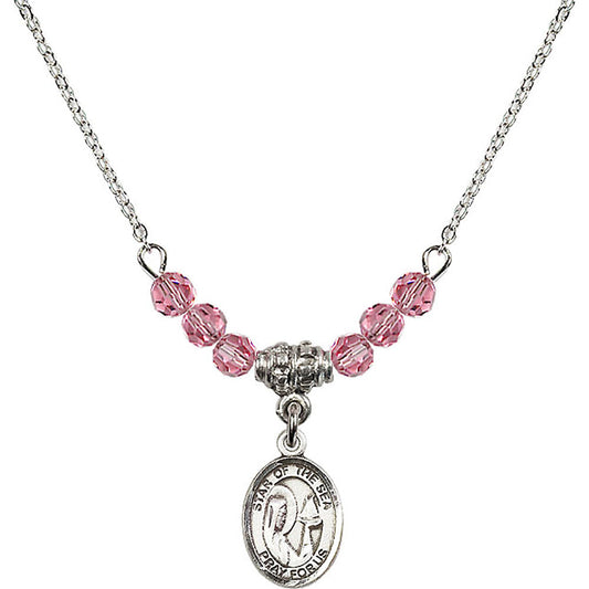 Sterling Silver Our Lady Star of the Sea Birthstone Necklace with Rose Beads - 9101