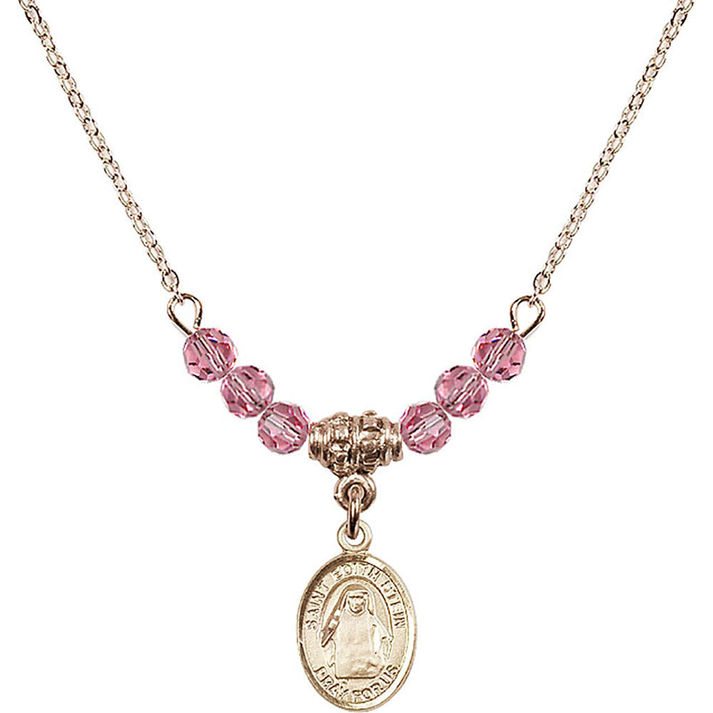 14kt Gold Filled Saint Edith Stein Birthstone Necklace with Rose Beads - 9103