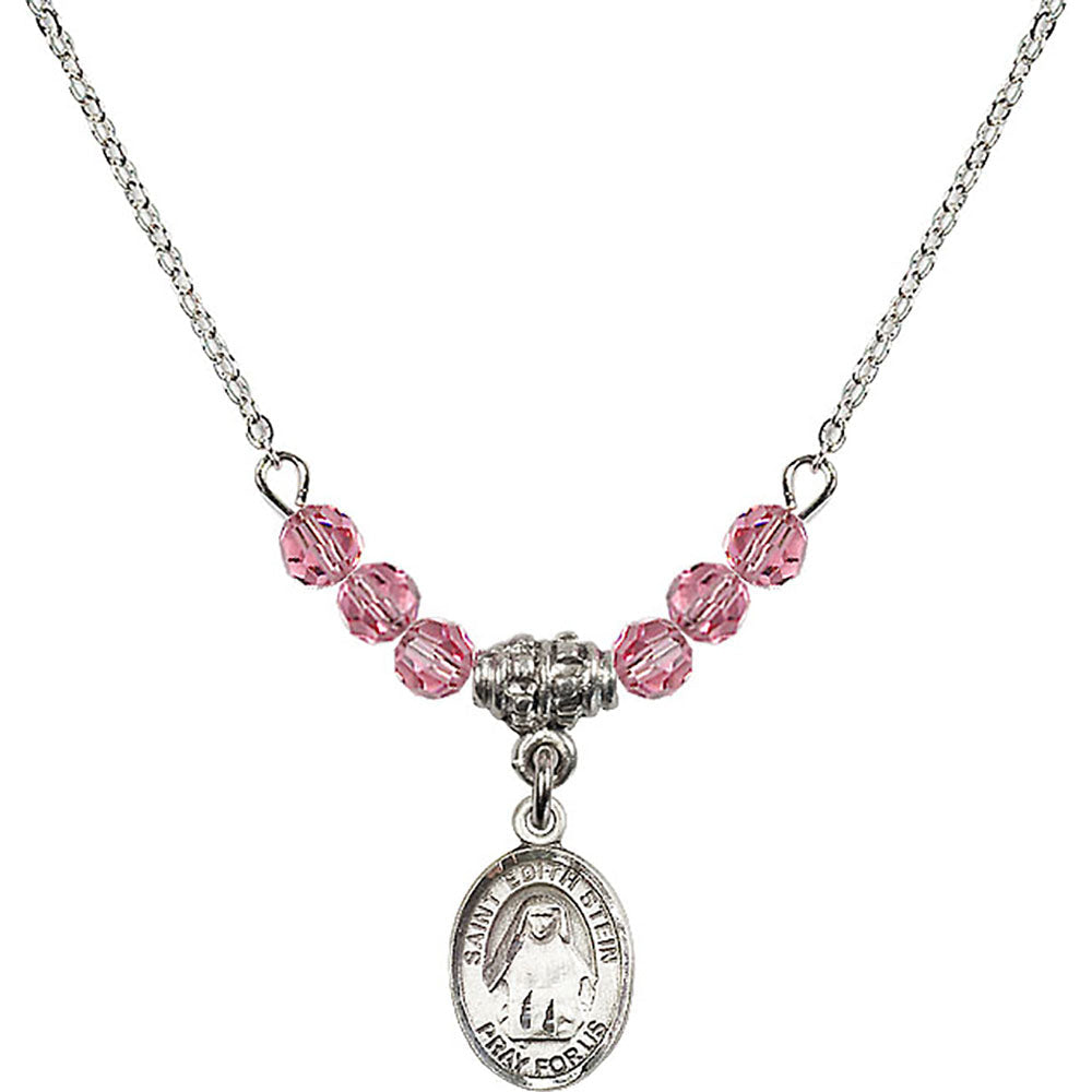 Sterling Silver Saint Edith Stein Birthstone Necklace with Rose Beads - 9103
