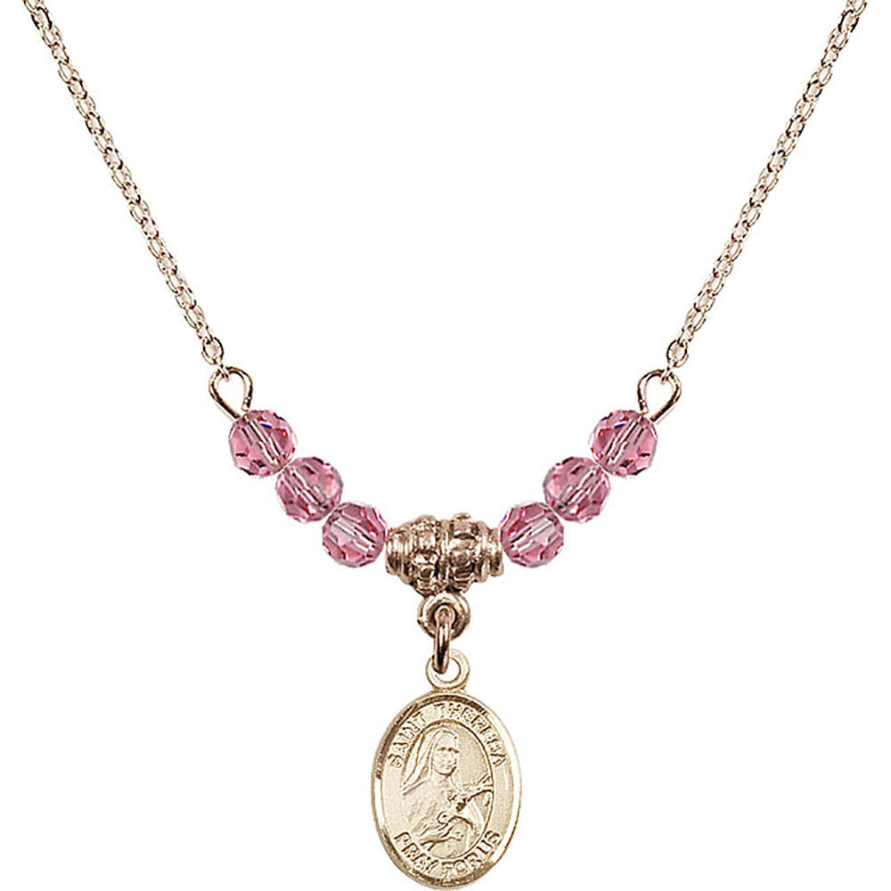 14kt Gold Filled Saint Theresa Birthstone Necklace with Rose Beads - 9106