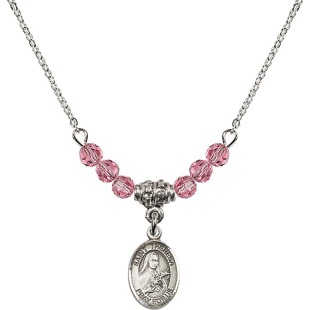 Sterling Silver Saint Theresa Birthstone Necklace with Rose Beads - 9106